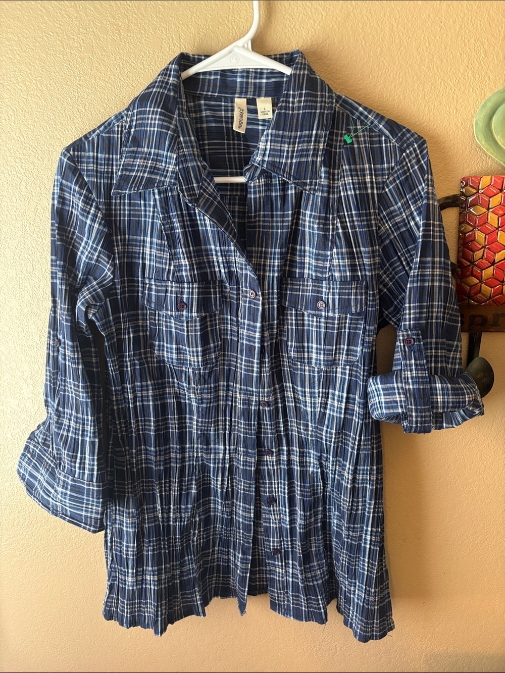 St. John's Bay Blue White Plaid Button-Up Women's Top